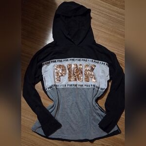 Victoria's Secret PINK Black/Rose Gold Bling Pullover Lightweight Hoodie Size M